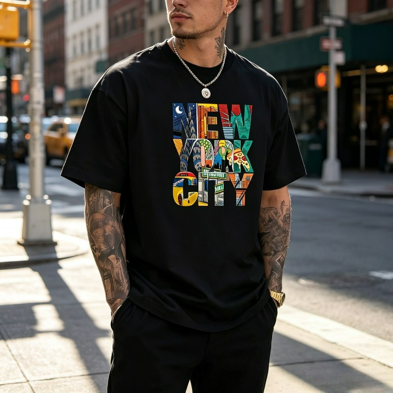 Street Style New York Fashion - تي شيرت برسومات مدينة نيويورك للرجال،