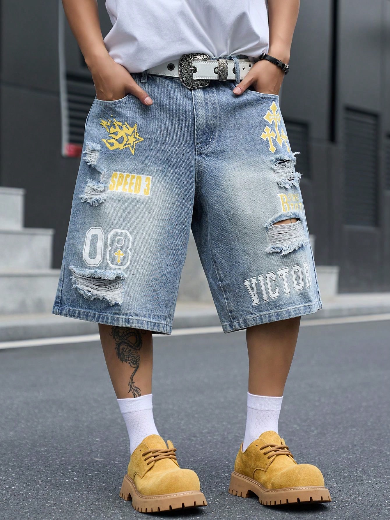 Street Fashion Art - شورت برمودا من الدنيم بقصة فضفاضة